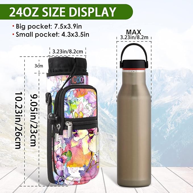 icolor Water Bottle Carrier Bag with Strap 25/32/40 oz Crossbody Bottle Holder with Phone Pocket Sling Sleeve Insulated Neoprene Water Bottle Pouch for Walking Travelling-BubblyBeeBaby