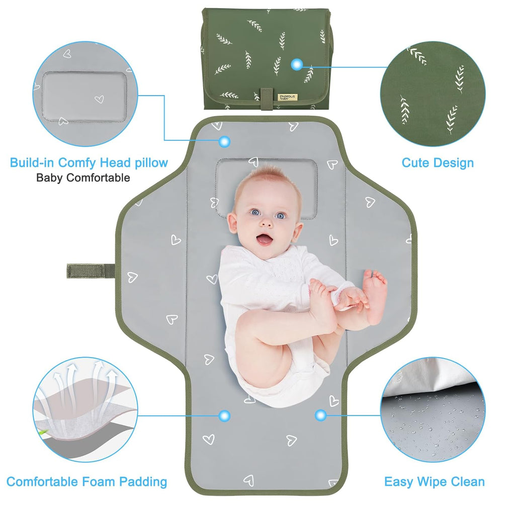 Baby Portable Changing Pad Travel - Waterproof Compact Diaper Changing Mat with Built-in Pillow - Lightweight & Foldable Changing Station, Newborn Shower Gifts