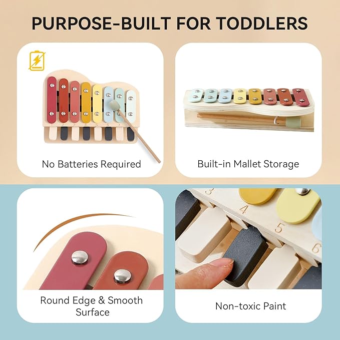 IEATFO 2-in-1 Piano Xylophone Wooden Musical Toy for Toddlers 1-3, Educational Musical Learning Instruments with 8 Colorful Keys, 5 Classic Song Sheets, Montessori Sensory Music Set for Girls Boys-BubblyBeeBaby