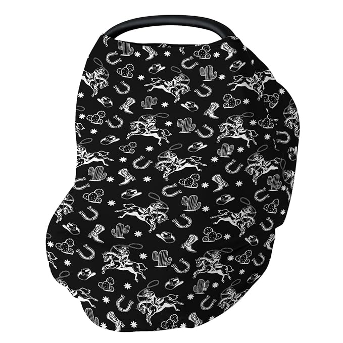 Country Western Car Seat Cover for Baby Cowboy Hat Boots Horse Cactus Stretchy 5-in-1 Covers Adjustable Car Canopy Breastfeeding Cover Wild West Desert Breathable Nursing Cover-Up-BubblyBeeBaby