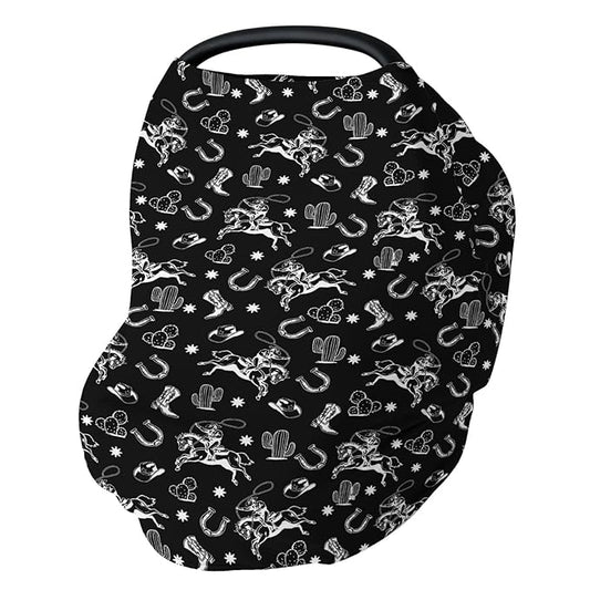 Country Western Car Seat Cover for Baby Cowboy Hat Boots Horse Cactus Stretchy 5-in-1 Covers Adjustable Car Canopy Breastfeeding Cover Wild West Desert Breathable Nursing Cover-Up-BubblyBeeBaby