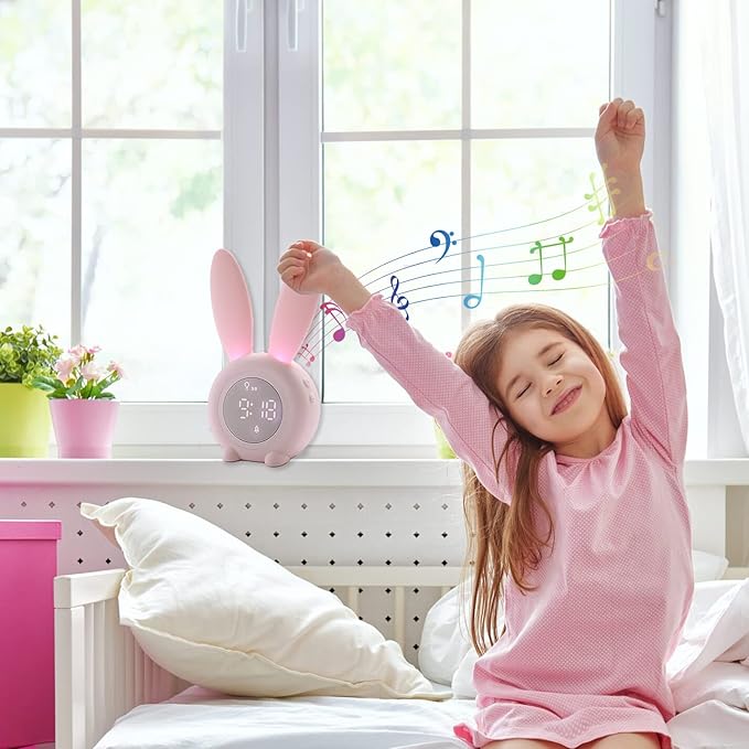 KDtech Kids Alarm Clock with Night Light 6 Ringtones, Cute Pink Bunny Digital Alarm Clock for Kids, Touch Control and Rechargeable Sleep Trainer Clock for Boys Girls Bedroom-BubblyBeeBaby