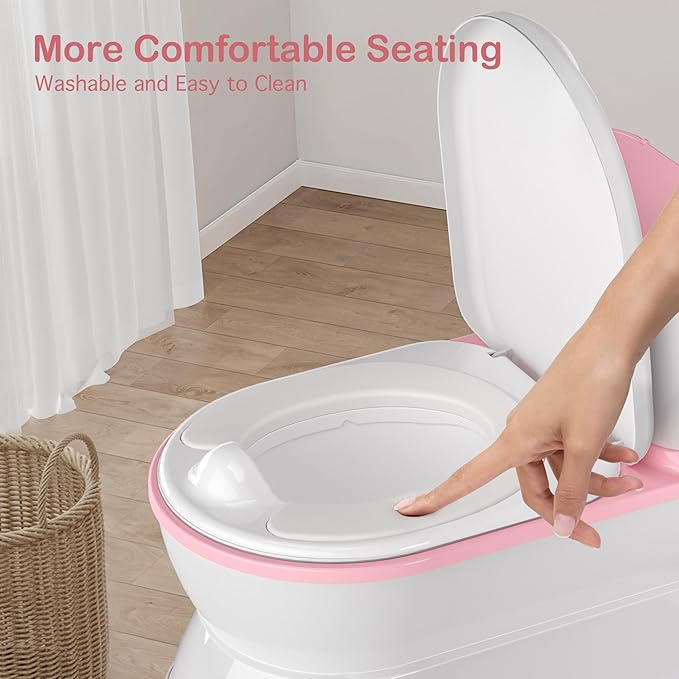 2-in-1 Toddler Potty Training Toilet - Larger Potty Chair & Detachable Training Seat for Boys & Girls Ages 1-3 with Flushing Sound, Wipes Storage, Toilet Paper Holder - Pink-BubblyBeeBaby