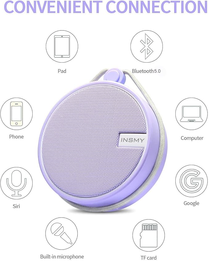 INSMY C12 IPX7 Waterproof Shower Bluetooth Speaker, Portable Small Speaker, Speakers Bluetooth Wireless Loud Clear Sound Support TF Card Suction Cup for Kayak Canoe Beach Gift (Purple)-BubblyBeeBaby