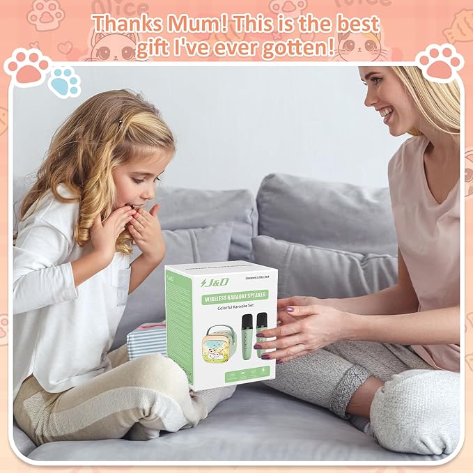 J&D Mini Karaoke Machine for Kids Adults, Portable Bluetooth Speaker with 2 Wireless Mics and Cat Sticker for Girls Boys Age 3–10 Birthday Gifts Princess Toys, Colorful LED, Green-BubblyBeeBaby