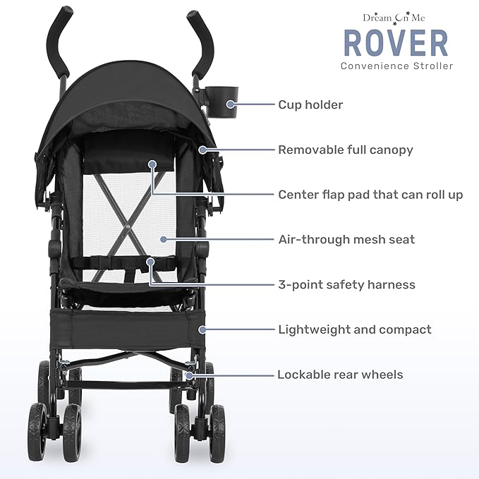 Dream On Me Rover Convenience Baby Stroller in Black, Lightweight & Compact Umbrella Stroller, Easy one-Hand fold Travel Stroller, Lockable Rear Wheels, Removable & Adjustable Canopy-BubblyBeeBaby