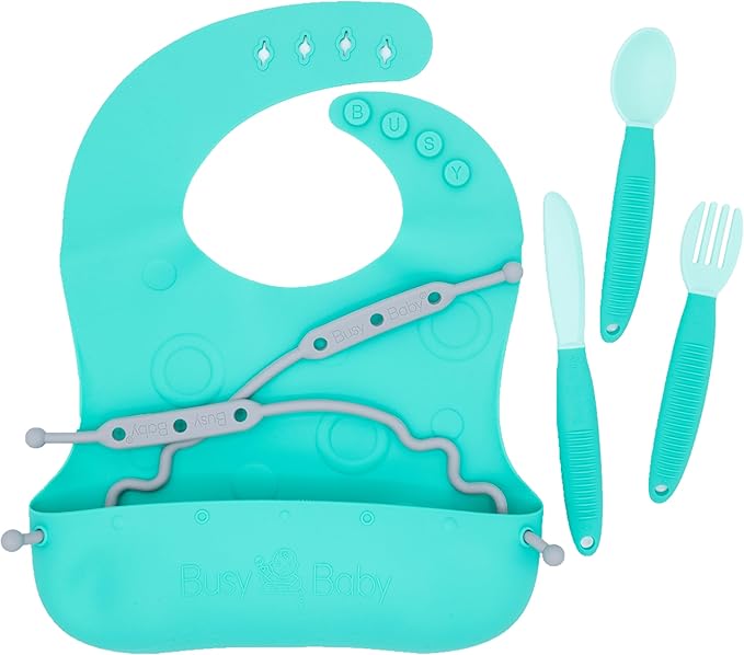 BUSY BABY Bungee Bib & Utensil Set – Adjustable Silicone Bib with Pocket & Tethered Utensils for Babies & Toddlers-BubblyBeeBaby
