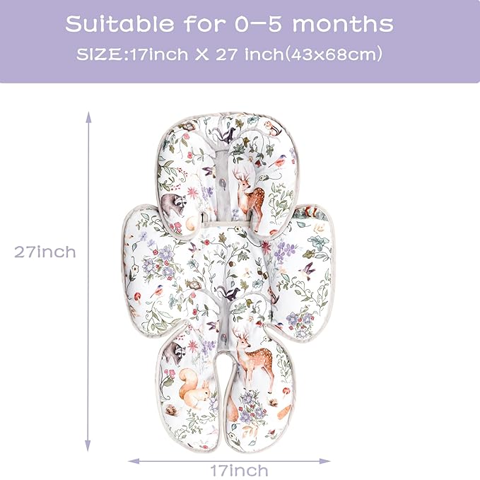 2 in 1 Infant Car Seat Insert, Car Seat Head Support Baby Girls Boys, Soft Newborn Carseat Insert Cushion, Perfect for Carseats, Strollers, Swings (Gray Animals)-BubblyBeeBaby