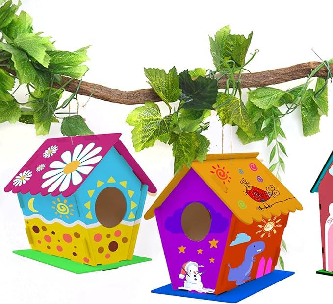 hapray 12 Pack Bird House Kit, DIY Birdhouse Kits, Wooden Crafts Arts for Children to Build and Paint (Includes Paints & Brushes) for Kids Girls Boys Toddlers Christmas Gift-BubblyBeeBaby