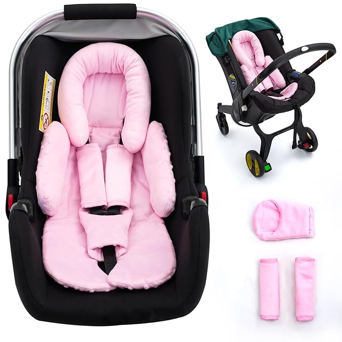 Infant Car Seat Insert with 3 Shoulder & Crocth Covers, Thickened Carseat Head and Body Support for Infant, Reversible Baby Car Seat Cushion for Boys Girls, Soft Mink Dot Newborn Insert for Preemie-BubblyBeeBaby