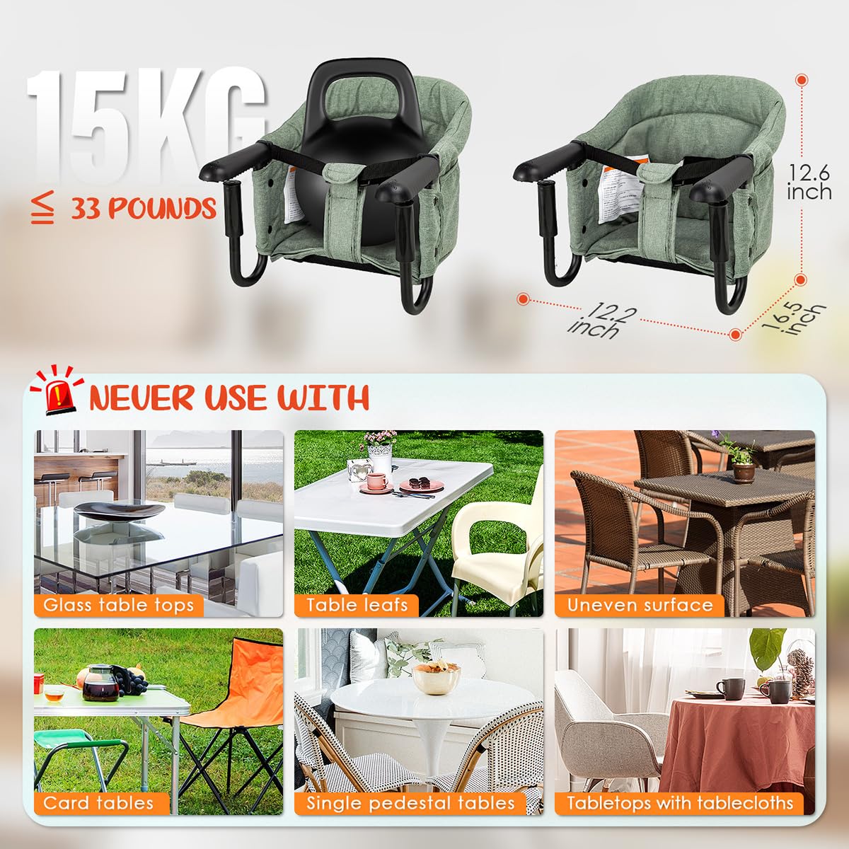 Hook On Chair with Removable Dining Tray,Portable Hook-On Chairs with Storage Bag,for Home and Travel(Sage Green)