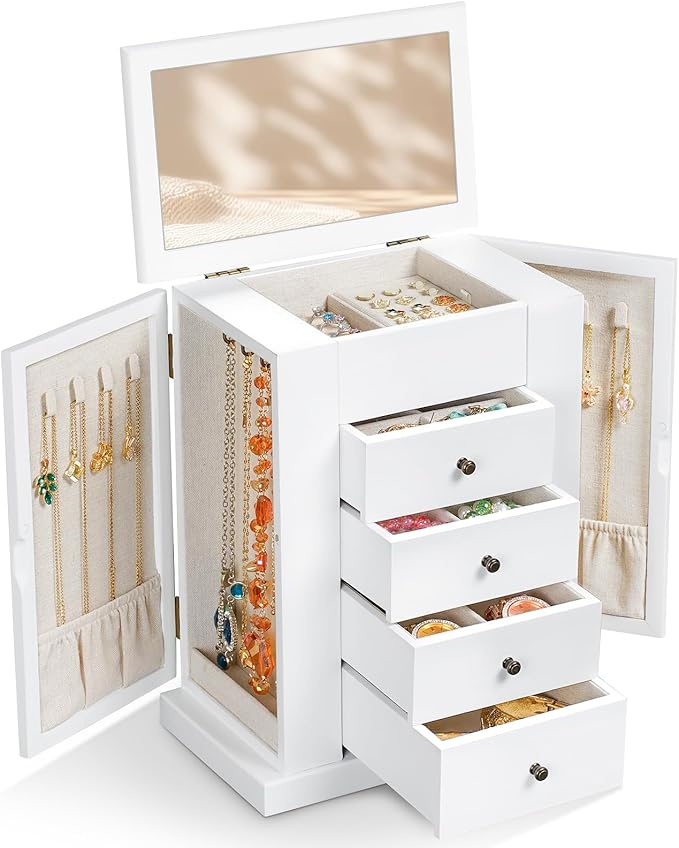 Jewelry Box for Women, 5 Layer Large Wood Jewelry Boxes & Organizers for Necklaces Earrings Rings Bracelets, Rustic Jewelry Organizer Box with Drawers and Mirror (Vintage White)-BubblyBeeBaby