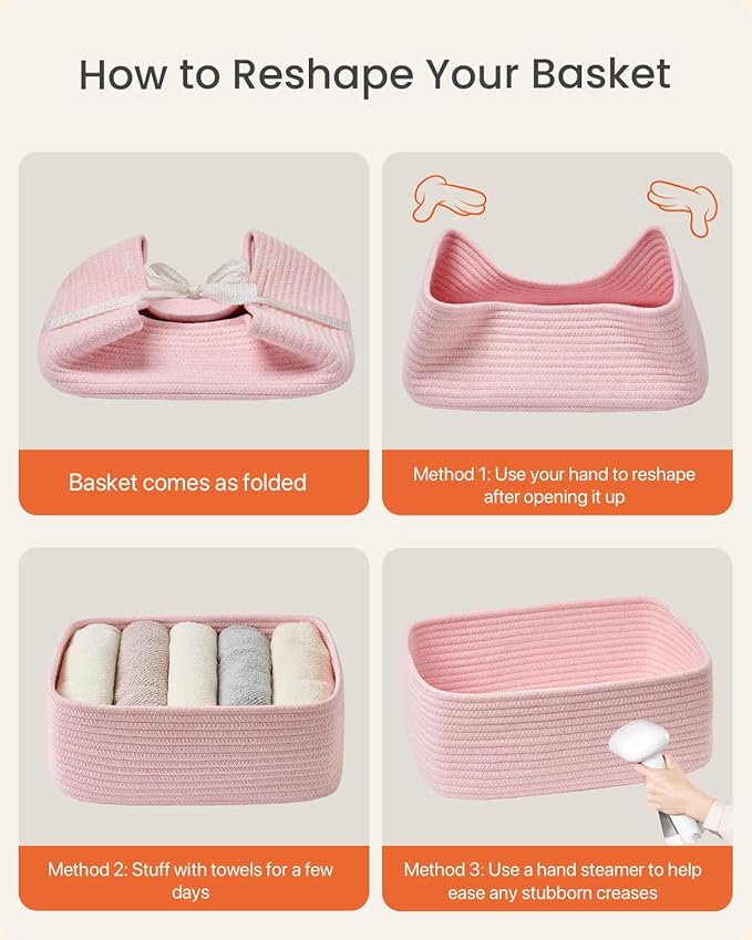 KALLAX Small Woven Basket, 13.5 x 9.5 x 5 Inches, Storage Basket for Organizing, Cute Small Rope Shelf Closet Cube Storage Bins Baskets for Shelves, Dog Toy Gift Baskets Empty, 3 Pack Light Pink-BubblyBeeBaby