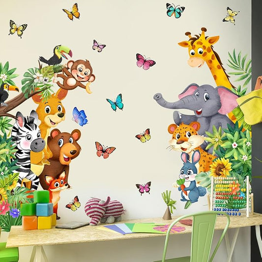 Jungle Animal Wall Decals, Cartoon Animal Sticker Safari Elephant Lion Monkey Wall Decals for Baby Room Playroom Bedroom Classroom Kindergarten Decor-BubblyBeeBaby