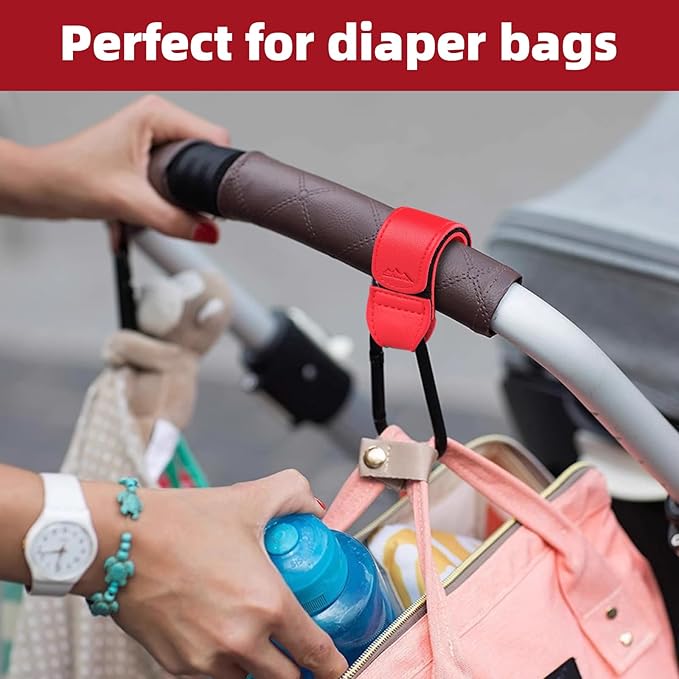 Baby Stroller Hooks Bag Hooks for Hanging Diaper Bags Multipurpose Hooks for Grocery Shopping Bags Premium Vegan Leather Pram Straps 2 Pcs (red)-BubblyBeeBaby