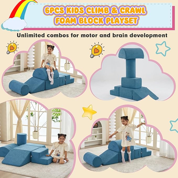 Jela Foam Blocks - Soft Play Equipment with 6 Luxury Miss Fabric Climbing Blocks for Toddlers, Babies & Kids - Lightweight Climb & Crawl Playset-BubblyBeeBaby