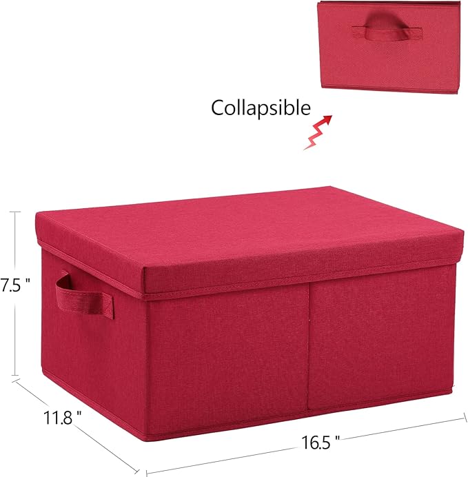 HOONEX Storage Bins with Lids for Organizing, Pack of 2, Storage Boxes with 2 Carrying Handles and Sturdy Heavy Cardboard, 16.5" L x 11.8" W x 7.5" H for Shoes, Books, Clothes, Red-BubblyBeeBaby