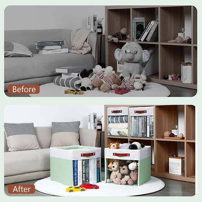 HNZIGE 13x15x13 Cube Storage Bins, 4 Pack Fabric Clear Organizer With Window, Large Collapsible Shelf Bins for Closet, Toy, Clothes - White Green-BubblyBeeBaby