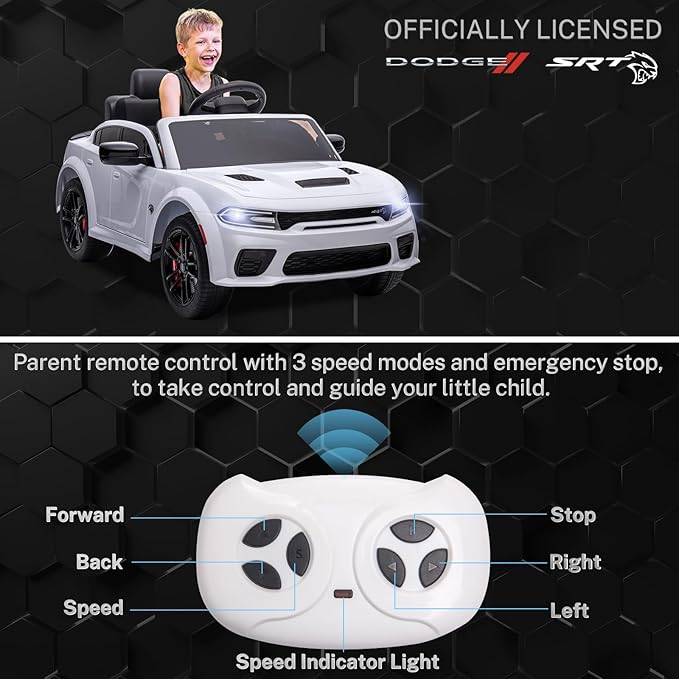 12V 7Ah Kids Electric Ride on Car, Licensed Dodge Charger SRT Hellcat, Battery Powered 4-Wheels Toy Car Electric Vehicle for Kids with Remote Control, 3 Speeds, LED Lights, Music (White)-BubblyBeeBaby