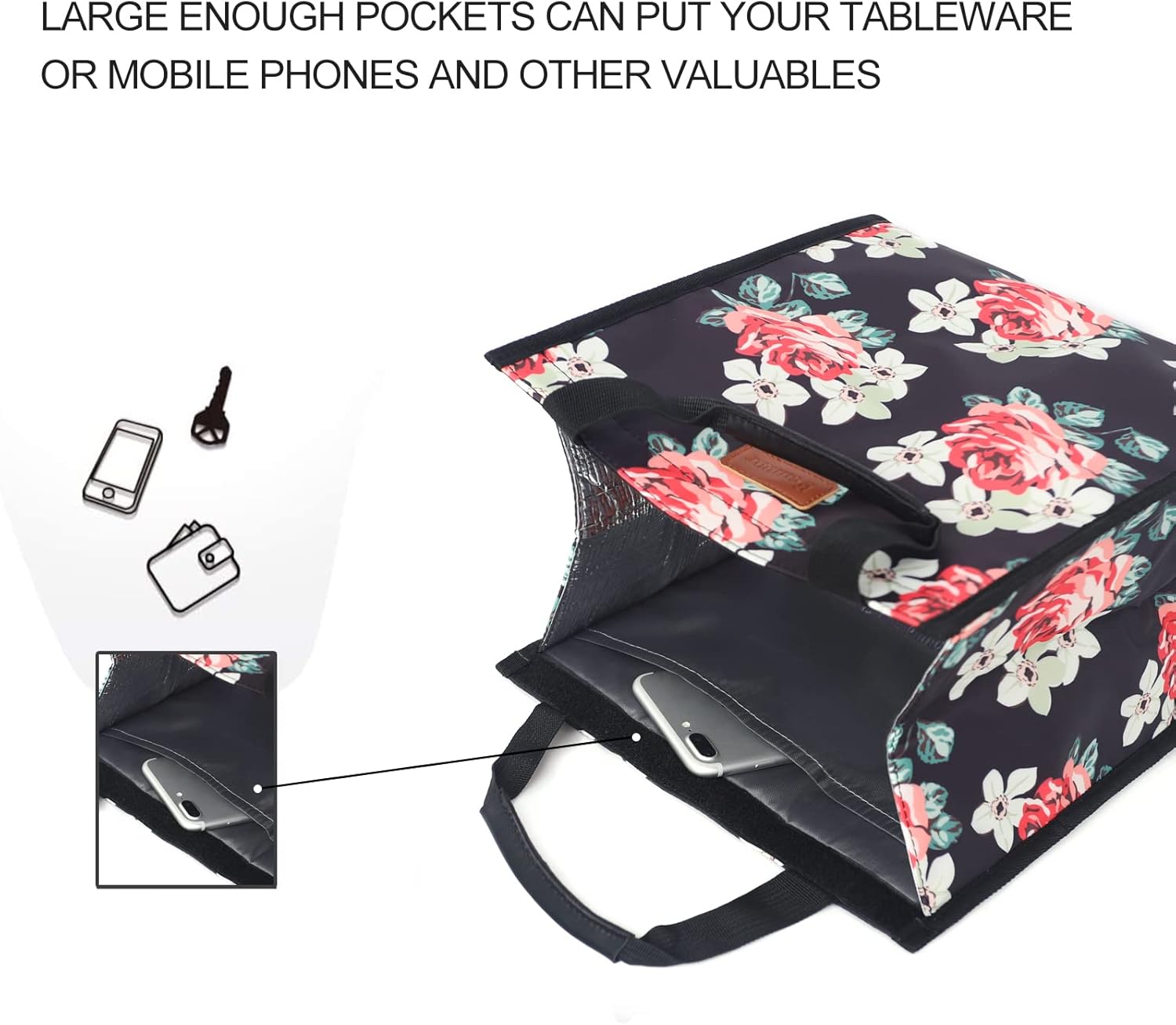 Lunch Bags for Women Insulated Reusable Lunch Tote with Internal Pocket, Lunch Tote bag for Work (Flower)