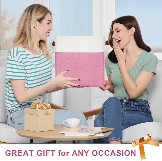 13x13 Cube Storage Bins, Collapsible Fabric Storage Box, 4 Pack Closet Baskets with Handles for Organizing, Shelf, Toys, Clothes, Home, Office, Nursery (Pink&White)-BubblyBeeBaby