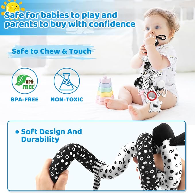 High Contrast Baby Toys - Black & White Hanging Toys for Car Seat, Stroller & Crib | Newborn Essentials 0-6 Months | Perfect-BubblyBeeBaby