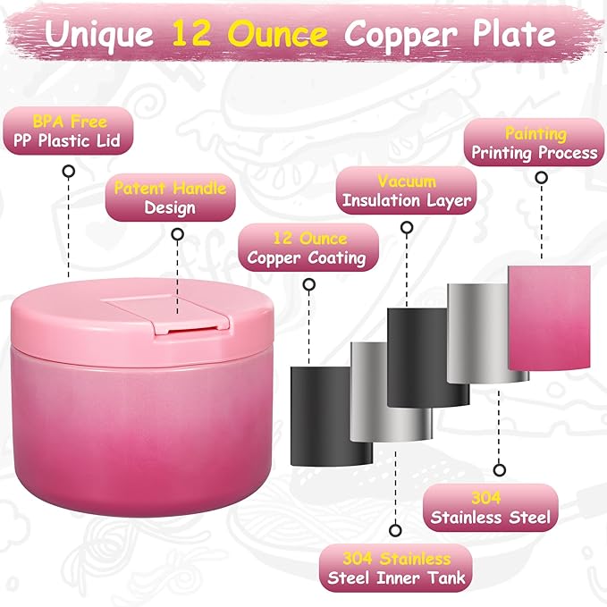 12oz Insulated Vacuum Food Jar with Buckle Lid Wide Mouth Soup Thermo for Hot Food Kids Leakproof Stainless Steel Lunch Container (Gradient Pink, 12OZ)-BubblyBeeBaby