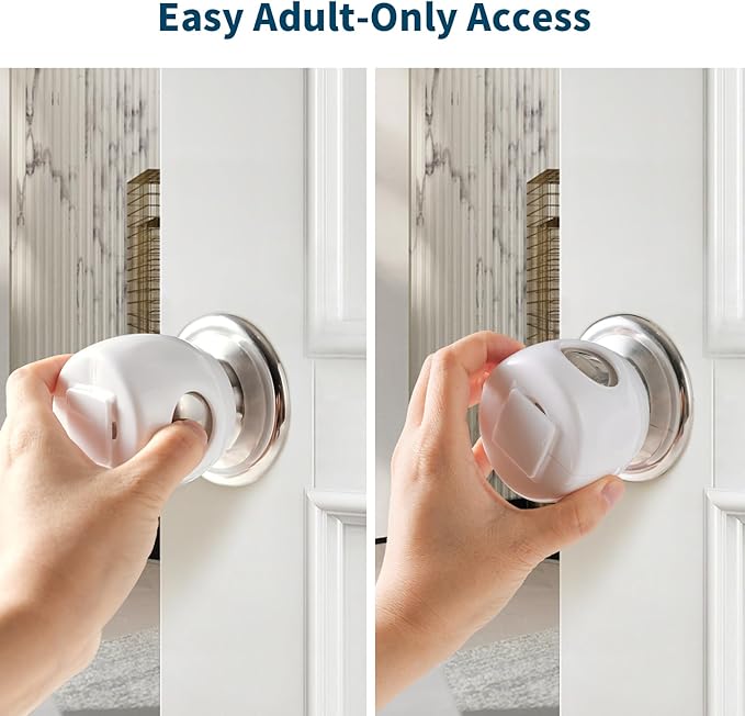 Inaya Door Knob Safety Cover for Kids (4 Pack) – Child Proof Door Knob Covers for Baby Proofing – Door Locks for Kids Safety, Fits Most Round Handles, Easy to Install, White-BubblyBeeBaby