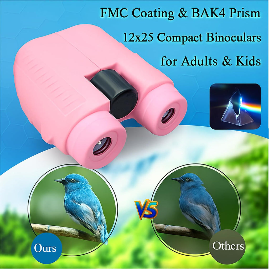 12x25 Compact Binoculars for Adults & Kids, High Powered Lightweight Waterproof Binoculars with Large Eyepiece, Low Light Vision for Bird Watching, Hunting, Travel, and Sightseeing