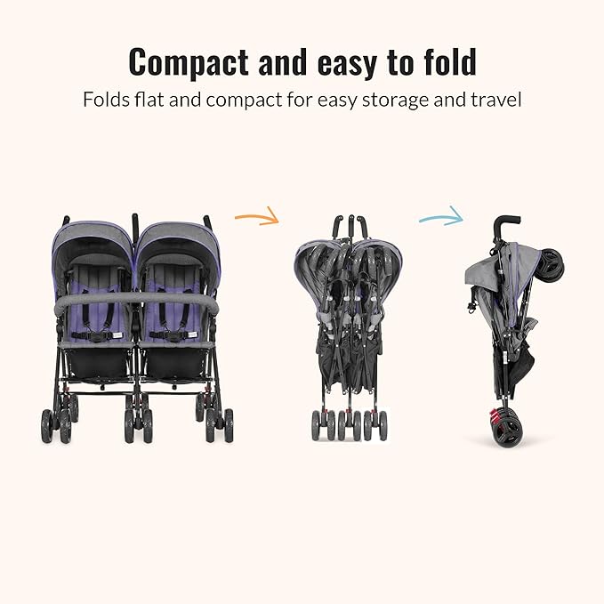 Dream On Me Volgo Twin Umbrella Stroller in Purple, Lightweight Double Stroller for Infant & Toddler, Compact Easy Fold, Large Storage Basket, Large and Adjustable Canopy-BubblyBeeBaby