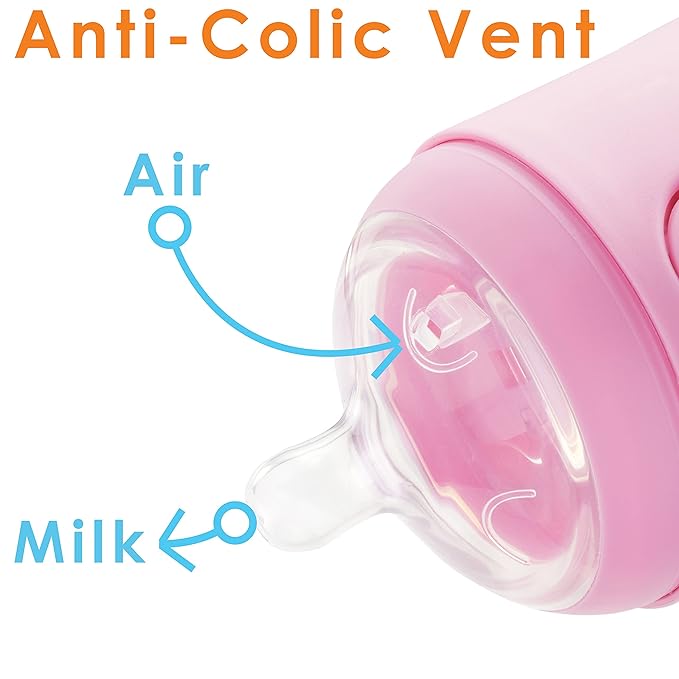 PopYum Pink Formula Making Baby Bottle Starter Set, 4-Pack, 2X 5oz Bottles with #1 Slow Flow Nipples + 2X 9oz Bottles with #2 Medium Flow Nipples, Mixing, Dispenser-BubblyBeeBaby