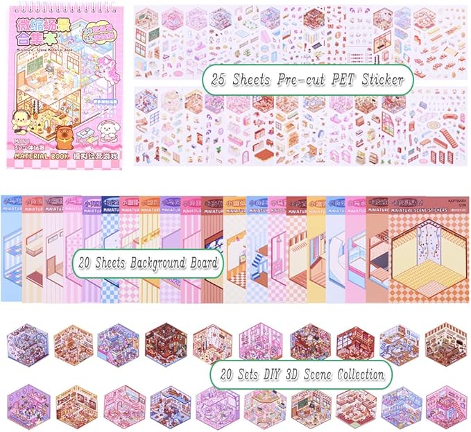 20 Sets DIY 3D Sticker Scenes for Adults with Tweezer, Kawaii 3D House Miniature Sticker Therapy, Make Your Own Mini Room Scene Collection Book for Adult Kids Relief Stress Pass The Time-BubblyBeeBaby