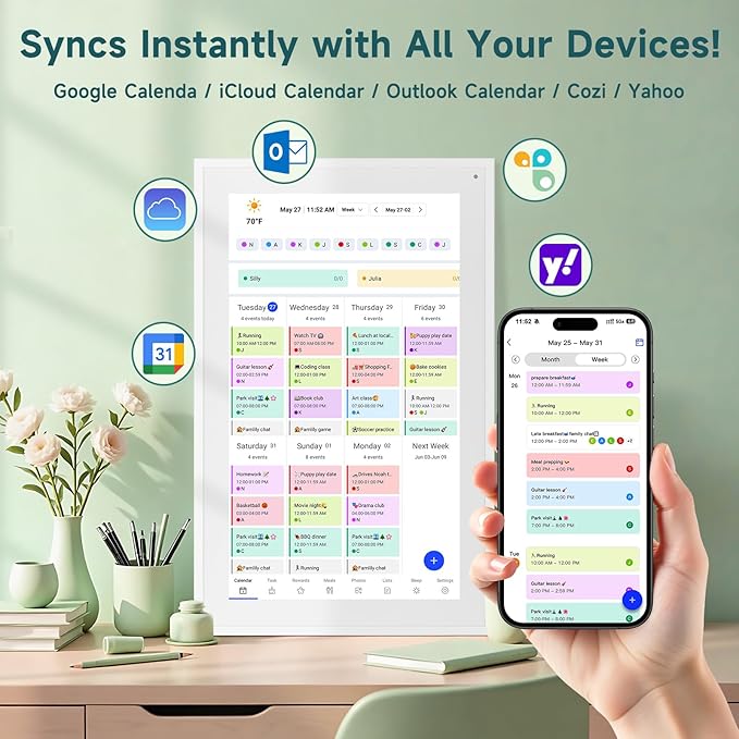 21.5 Inch Smart Digital Calendar – Electronic Chore Chart & Planner with 1920x1080P IPS Touchscreen, Weekly/Monthly Family Organizer for Wall or Desk, White 2025 New Version-BubblyBeeBaby