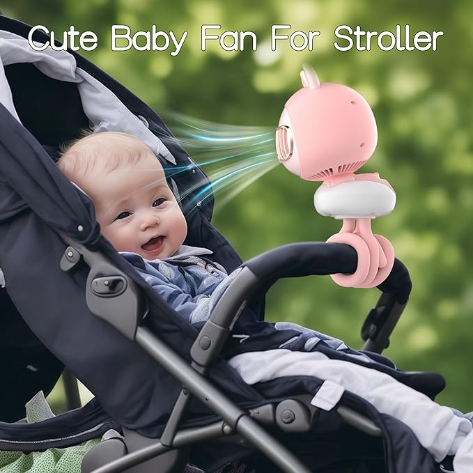 Cute Bunny Stroller Fan Clip On for Baby, Bladeless Fan 4000mAh Rechargeable Battery Operated, Flexible Tripod, 4 Speeds, Auto Oscillating, Small Cooling Fan for Kids-BubblyBeeBaby