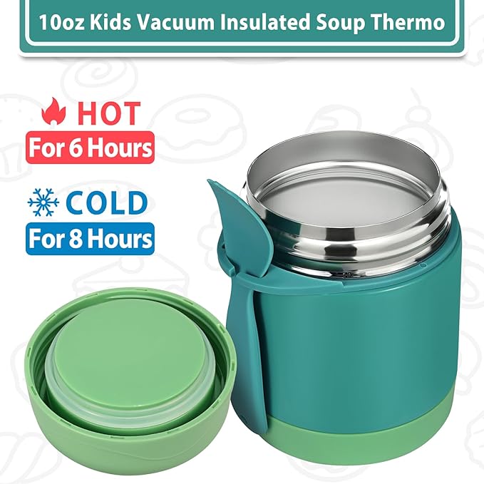 10oz Soup Thermo for Hot Food Kids,Lunch Thermo Kids Food Jar with Spoon Hot Insulated Food Containers,Leak Proof Stainless Steel Wide Mouth Lunch Food Thermo Jar for School(Green)-BubblyBeeBaby