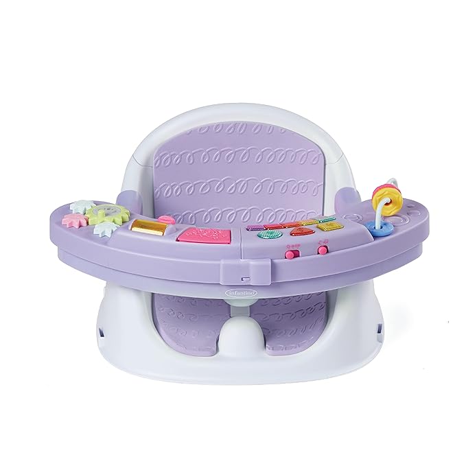 Infantino Music & Lights 3-in-1 Discovery Seat & Booster, Toddler Booster Seat for Dining Table or Kitchen Chair, Baby Activity Center & Snack Tray, Lavender-BubblyBeeBaby