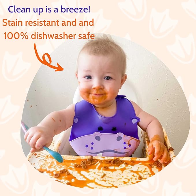 Silly Goose Set of 2 Silicone Animal Baby Bibs for Babies and Toddlers, Waterproof, Adjustable, Soft, Extra Wide Food Catcher Pocket (2PK Hippo+Bear)-BubblyBeeBaby
