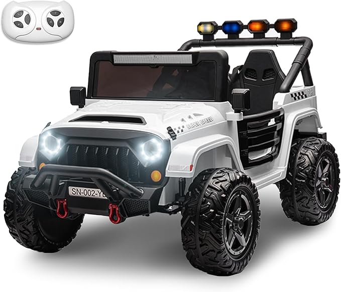 24V 2 Seater Ride On Truck with Remote Control 4WD Electric Car for Kids Ride On Car Battery Powered Ride On Toy Car with Music Player, LED Lights, Bluetooth, Rear Shock Absorber, White-BubblyBeeBaby