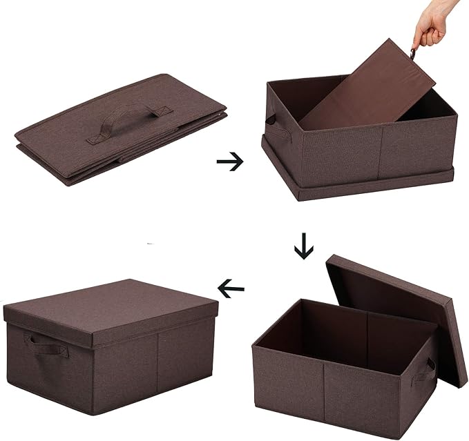 HOONEX Linen Foldable Storage Bins with Lids, 2 Pack, Storage Boxes with Carrying Handles and Sturdy Heavy Cardboard, 16.5" L x 11.8" W x 7.5" H for Shoes, Clothes, Brown-BubblyBeeBaby