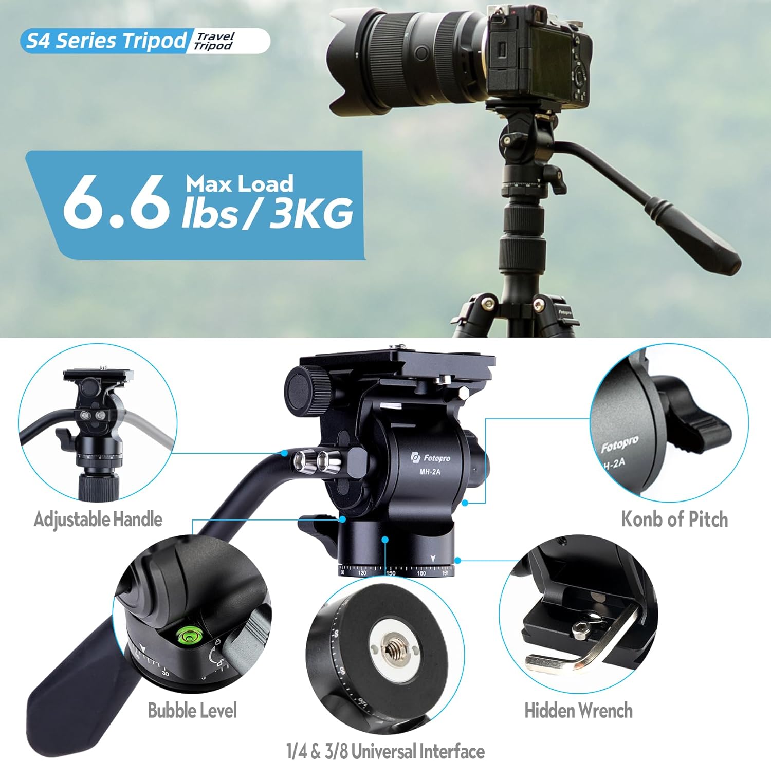 Fotopro 78" Camera Tripod, Aluminum Compact Travel Tripod and Monopod with 360° Fluid Head Quick Release Plate, Professional Video Tripod for DSLR, Load up 6.6lbs