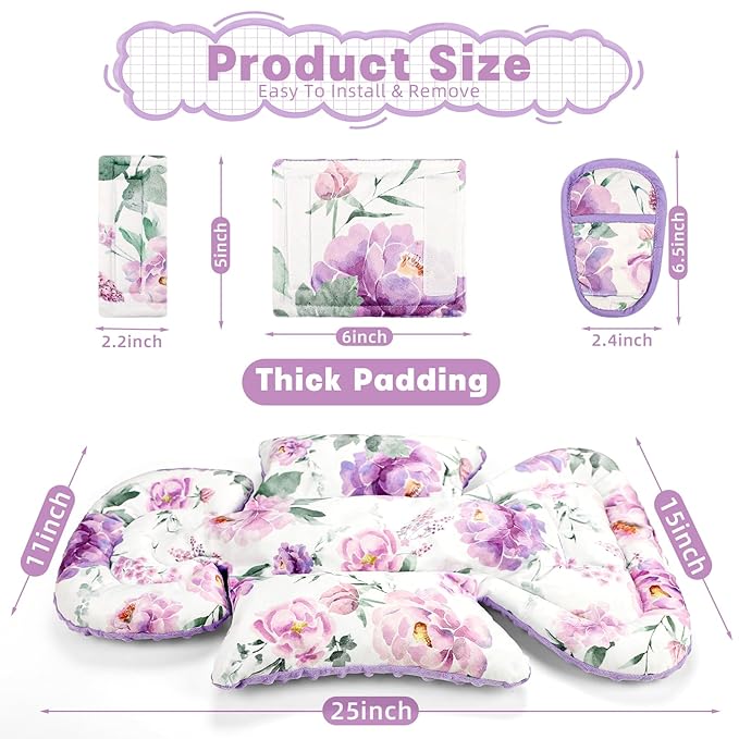 Infant Car Seat Insert, Soft Baby Car Seat Head & Body Support for Girl Boy, Reversible Newborn Preemie Carseat Insert Cushion with 3 Straps Pads Fits CarSeat, Stroller, Swing, Bouncer, Purple Floral-BubblyBeeBaby