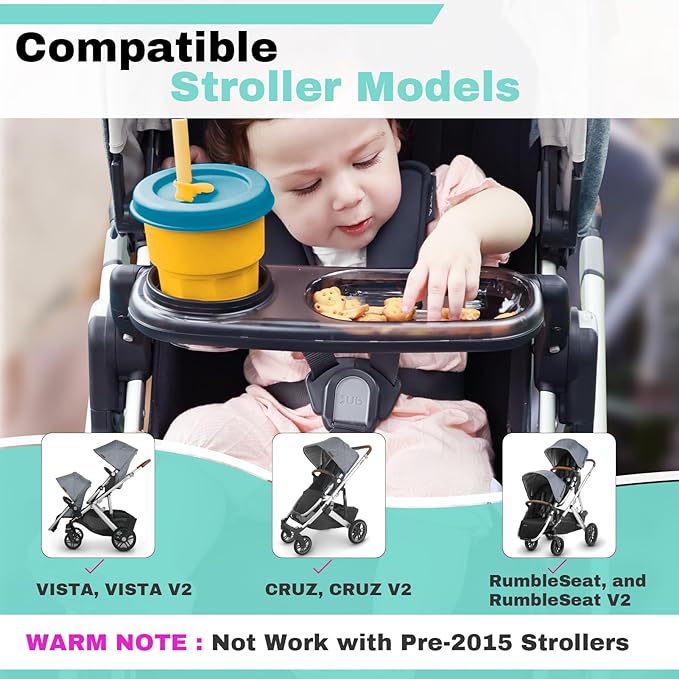 Snack Tray Fits for UPPAbaby Vista/Vista V2/Vista V3/Cruz/Cruz V2/ RumbleSeat/RumbleSeat V2, Stroller Tray with Cup Holder & Recessed Bowl, Dishwasher Safe, Quick Attachment, Folds with Stroller, Grey-BubblyBeeBaby