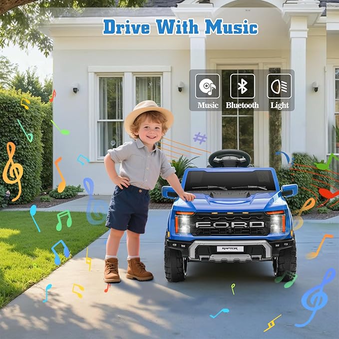 12V Ride on Car Licensed Ford F-150 Raptor, Kids Electric Car with Remote Control, LED Light/Music/MP3, Truck Bed Storage, 3-Point Seat Belt (12V, Blue)-BubblyBeeBaby