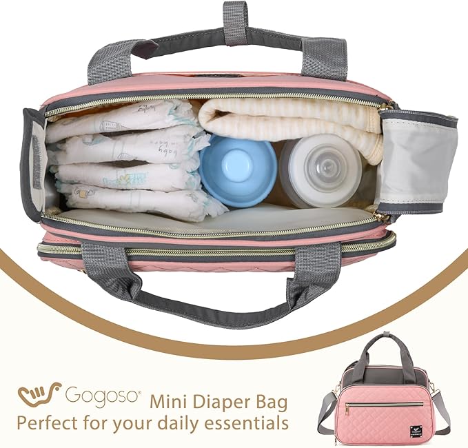 Crossbody Small Diaper Bag, Cute Mini Baby Diaper Tote Bags with Insulated Pockets for Traveling Outdoor Parent, Pink & Gray-BubblyBeeBaby