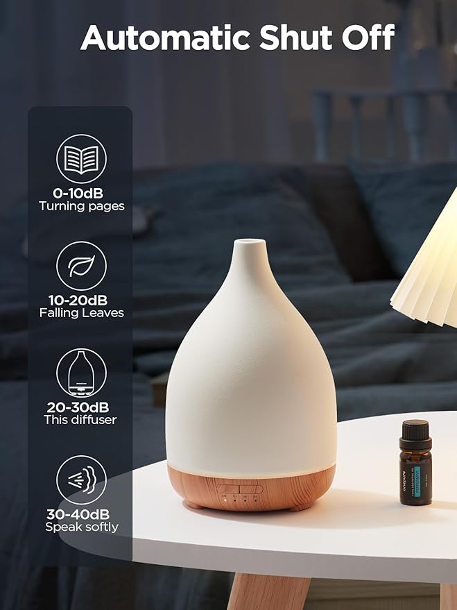 InnoGear Oil Diffuser, 300ML Ceramic Diffuser for Essential Oils Handcrafted Aromatherapy Diffuser Ultrasonic Cool Mist Humidifier with 4 Timers Waterless Auto Off for Room Office, White-BubblyBeeBaby
