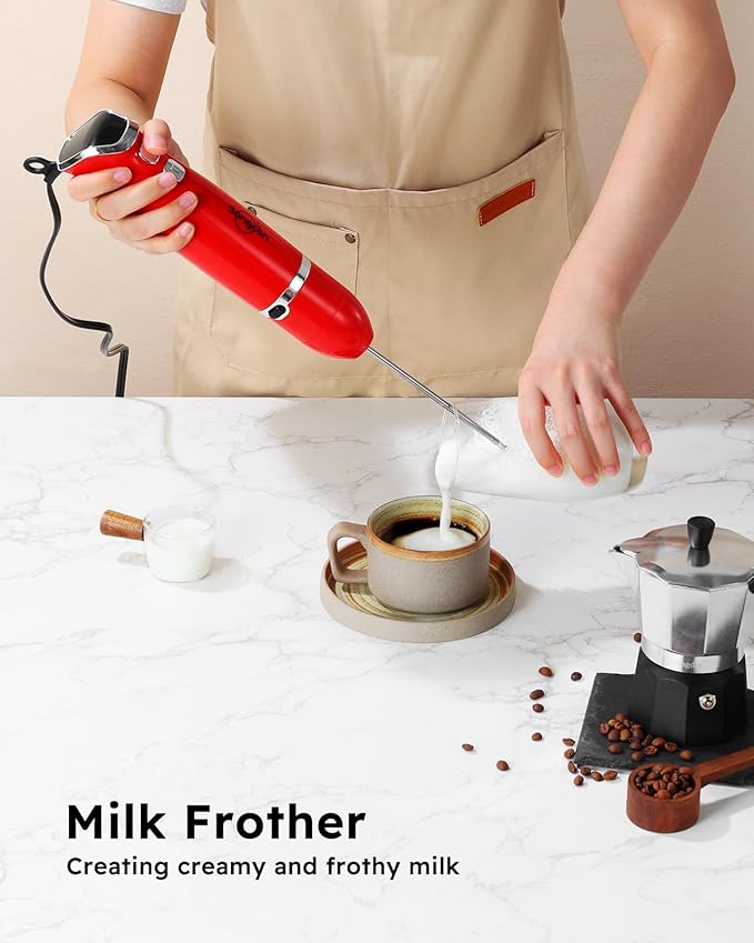 Sangcon Immersion Blender Handheld, 3-in-1 Hand Blender Electric, 400W Handheld Blender, Stainless Steel Blade Stick Blender with Whisk, Milk Frother Attachments - Red-BubblyBeeBaby