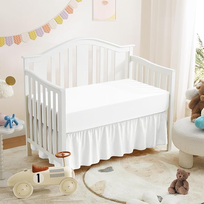 Horbaunal 2 Pack Crib Skirt & Crib Bed Sheet Set, White Crib Bed Skirt 28" x 52" with 14" Drop Dust Ruffle, Soft Microfiber Toddler Bedskirt Nursery Bedding Skirt for Baby Girls and Boys-BubblyBeeBaby