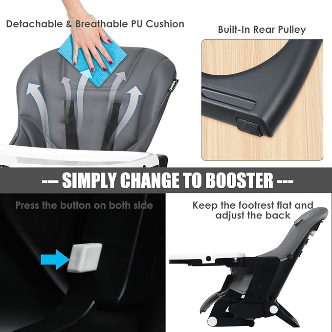 INFANS 4 in 1 High Chair–Booster Seat, Convertible Highchair w/Adjustable Height and Recline,Removable Tray,DetachableCushion, Installation-Free,Simple Fold for Baby, Infant& Toddler-BubblyBeeBaby