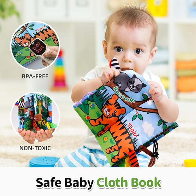 Jollybaby Crinkle Books for Babies, Sensory Soft Touch and Feel Baby Toys for 0-6 Months Infants, Newborn Montessori Early Educational Cloth Toys, Baby Girl & Boy Gift(Jungle Tails)-BubblyBeeBaby