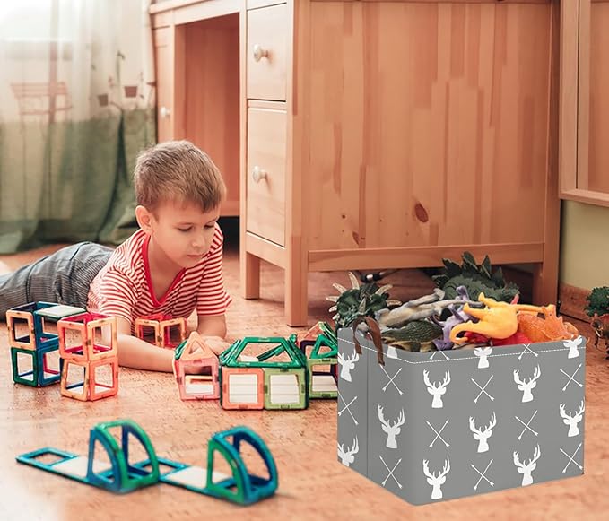 HIYAGON Baby Basket Cute Toy Bin for Boys and Girls Kids Storage Bin Organizer Box Gift Basket Empty Rectangular Deer Room Decor for Home(Grey deers)-BubblyBeeBaby